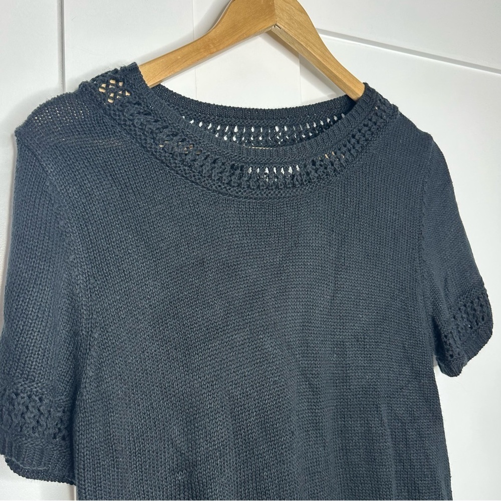 by Anthropologie short sleeve sweater Medium black pointelle crochet lightweight - Picture 3 of 9